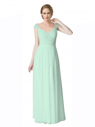 Long Mint Green Cap Sleeves A-Line V-Back Bridesmaid Dress Leeds