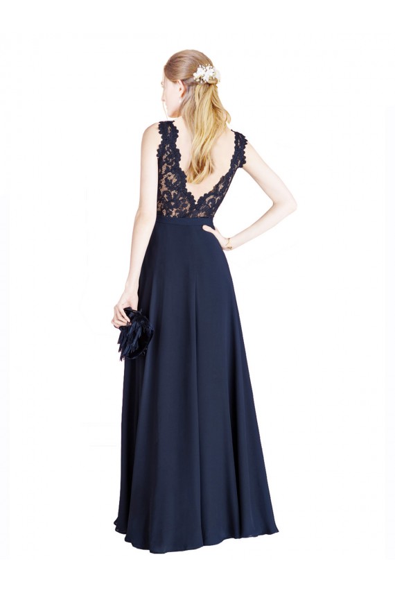 Long Dark Navy Sleeveless A-Line V-Back Prom Dress / Bridesmaid Dress Leeds