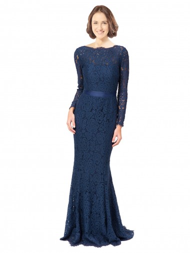Sweep Train Dark Navy Long Sleeves Mermaid, Sheath V-Back Bridesmaid Dress Leeds