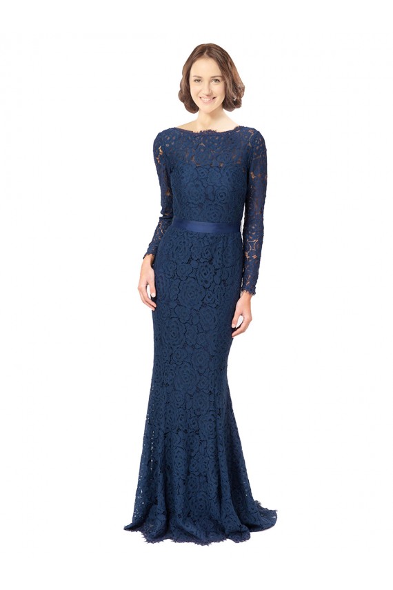 Sweep Train Dark Navy Long Sleeves Mermaid, Sheath V-Back Bridesmaid Dress Leeds