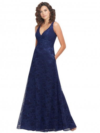 Long Dark Navy Sleeveless A-Line Low Back Lace Bridesmaid Dress Leeds
