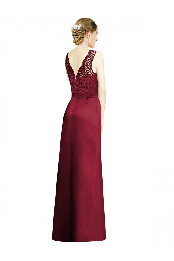 Long Burgundy Sleeveless A-Line Satin & Lace Bridesmaid Dress Leeds