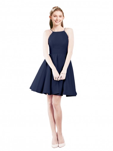 Knee Length Dark Navy Sleeveless A-Line Open Back Bridesmaid Gown Leeds