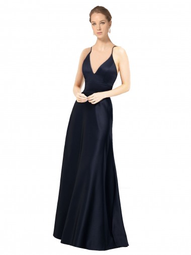 Long Dark Navy Sleeveless A-Line Satin Prom Dress / Bridal Party Dress Leeds