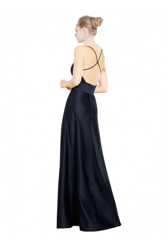 Long Dark Navy Sleeveless A-Line Satin Prom Dress / Bridal Party Dress Leeds