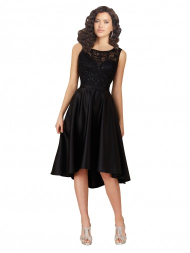 Midi Length Black Sleeveless A-Line Satin & Lace High Low Bridesmaid Dress Leeds