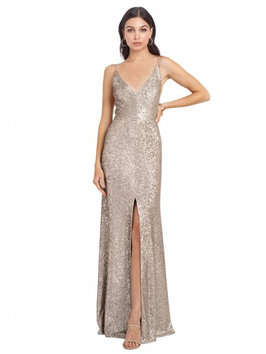 Long Silver Sleeveless Sheath V-Back Front Slit Formal Evening Gown / Prom Dress / Bridesmaid Dress Leeds