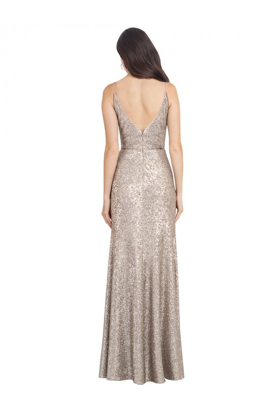 Long Silver Sleeveless Sheath V-Back Front Slit Formal Evening Gown / Prom Dress / Bridesmaid Dress Leeds