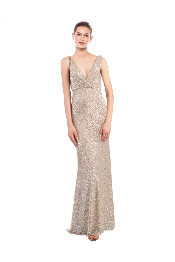 Long Silver Sleeveless Sheath V-Back Formal Evening Gown / Prom Dress / Bridesmaid Dress Leeds