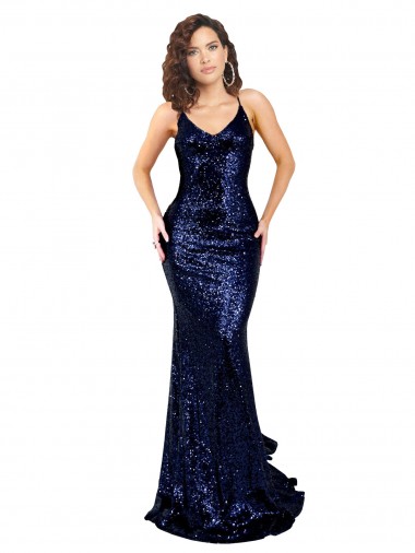 Long Dark Navy Sleeveless Mermaid Open Back Sequin Formal Evening Gown / Prom Dress / Bridesmaid Dress Leeds