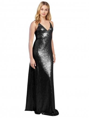 Long Black Sleeveless A-Line V-Back Sequin Formal Evening Gown / Prom Dress / Bridesmaid Dress Leeds
