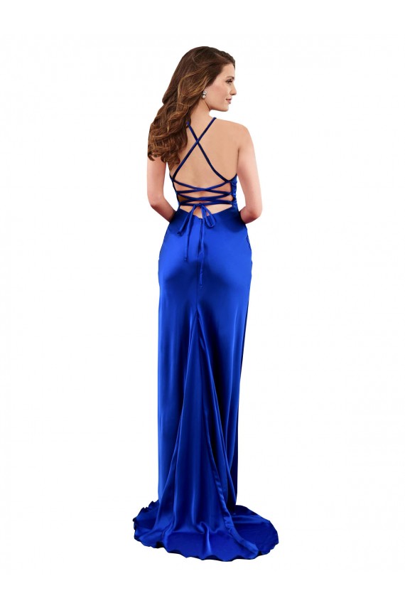 Long Royal Blue Sleeveless Sheath Open Back Silk like Satin Formal Evening Gown / Prom Dress / Bridesmaid Dress Leeds