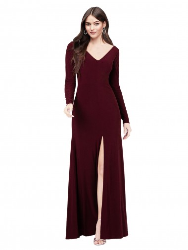 Long Burgundy Gold Long Sleeves Sheath V-Back Prom Dress / Bridesmaid Dress Leeds