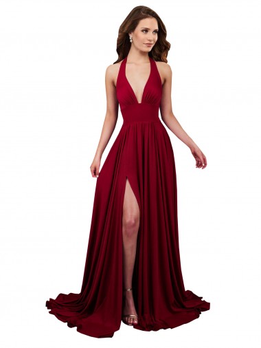 Long Burgundy Sleeveless A-Line Open Back Side Slit Black Tie Evening Gown / Prom Dress / Bridesmaid Dress Leeds