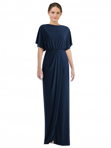 Long Dark Navy Short Sleeves Sheath Open Back Semi Formal Evening Dress / Prom Dress / Bridesmaid Dress Leeds