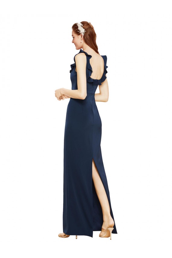 Long Dark Navy Sleeveless Sheath Low Back Back Slit Formal Evening Gown / Prom Dress / Bridesmaid Dress Leeds