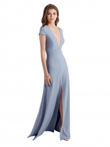Long Smoke Blue Cap Sleeves Sheath Prom Dress / Bridesmaid Dress Leeds