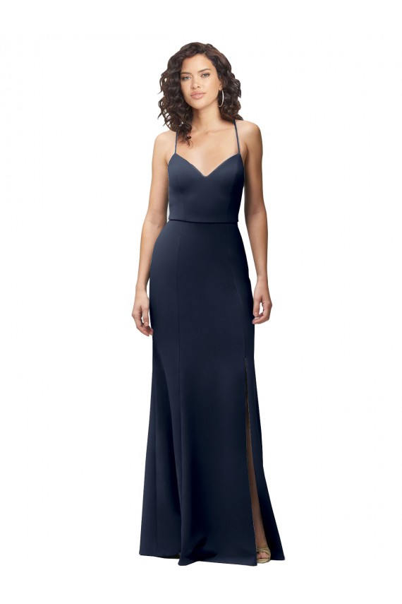 Long Dark Navy Sleeveless Sheath Open Back Side Slit Formal Evening Gown / Prom Dress / Bridesmaid Dress Leeds