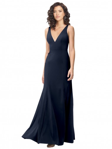 Long Dark Navy Sleeveless A-Line V-Back Stretch Crepe Formal Dress / Bridesmaid Dress Leeds