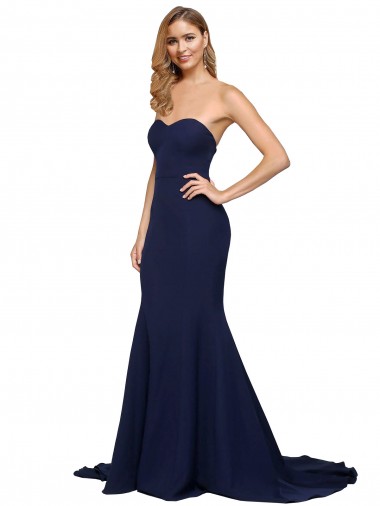 Sweep Train Dark Navy Sleeveless A-Line Low Back Formal Evening Gown / Prom Dress / Bridesmaid Dress Leeds