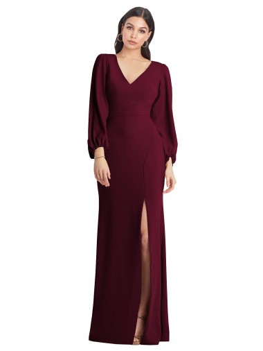Long Burgundy Gold Puff Sleeves Trumpet Semi Formal Evening Dress / Prom Dress / Bridesmaid Dress Leeds