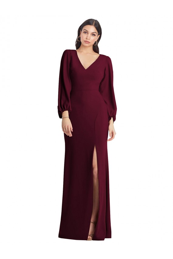 Long Burgundy Gold Puff Sleeves Trumpet Semi Formal Evening Dress / Prom Dress / Bridesmaid Dress Leeds
