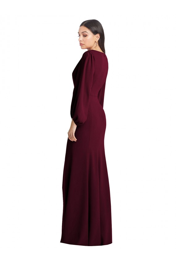 Long Burgundy Gold Puff Sleeves Trumpet Semi Formal Evening Dress / Prom Dress / Bridesmaid Dress Leeds