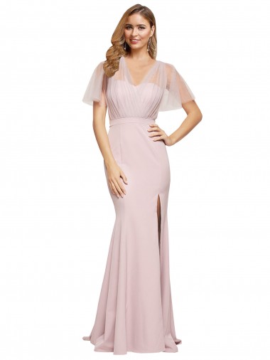Long Mauve Short Sleeves Sheath V-Back Formal Evening Gown / Prom Dress / Bridesmaid Dress Leeds