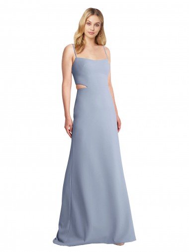 Long Smoke Blue Sleeveless A-Line Open Back Stretch Crepe Prom Dress / Bridesmaid Dress Leeds