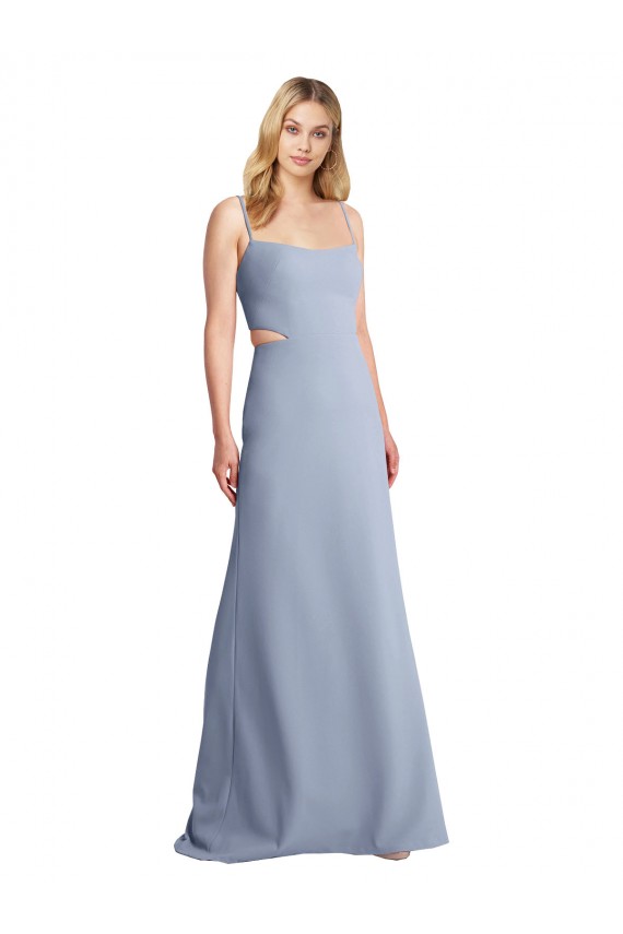 Long Smoke Blue Sleeveless A-Line Open Back Stretch Crepe Prom Dress / Bridesmaid Dress Leeds
