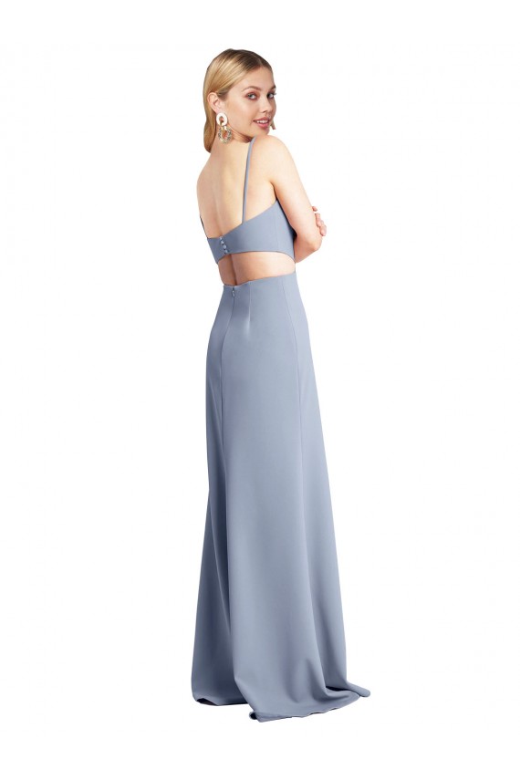 Long Smoke Blue Sleeveless A-Line Open Back Stretch Crepe Prom Dress / Bridesmaid Dress Leeds