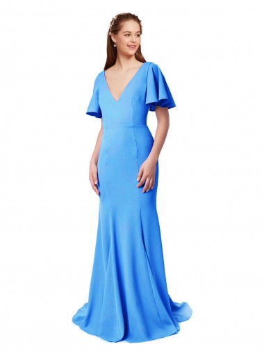 Sweep Train Peacock Blue Short Sleeves Mermaid, Sheath V-Back Prom Dress / Bridesmaid Dress Leeds