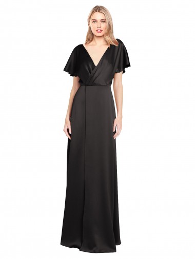 Long Black Cap Sleeves A-Line Open Back Bridesmaid Dress / Evening Dress Leeds
