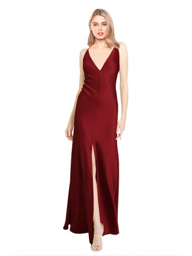Long Burgundy Sleeveless A-Line V-Back Front Slit Black Tie Evening Gown / Prom Dress / Bridesmaid Dress Leeds
