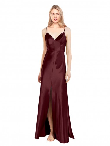 Long Burgundy Gold Sleeveless A-Line Center Front Slit Bridesmaid Dress / Evening Dress Leeds