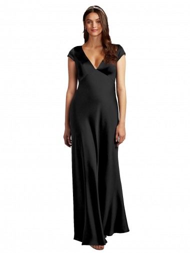 Long Black Cap Sleeves A-Line Keyhole Back Formal Evening Gown / Prom Dress / Bridesmaid Dress Leeds