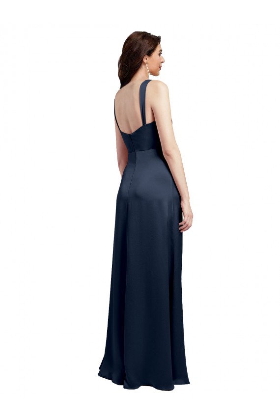 Long Dark Navy Sleeveless A-Line Low Back Side Slit Formal Evening Gown / Prom Dress / Bridesmaid Dress Leeds