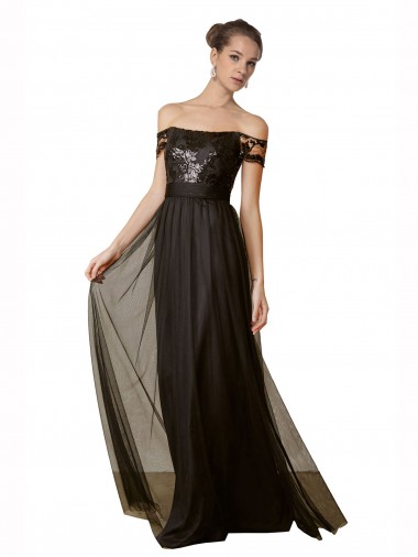Long Black Sleeveless A-Line Tulle & Sequin Bridesmaid Dress Leeds