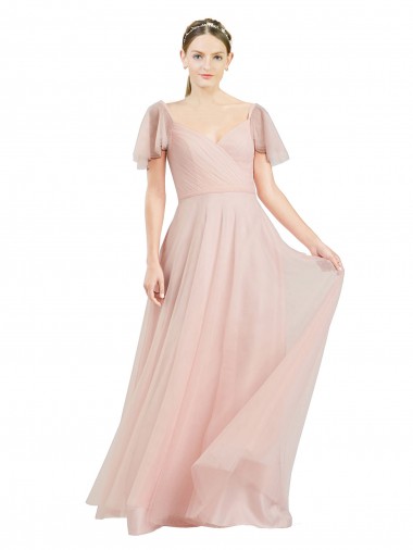 Long Pink Flutter Sleeves A-Line Formal Dress / Bridesmaid Dress Leeds