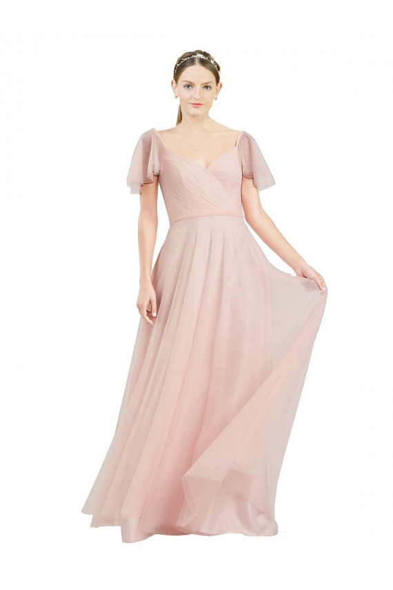 Long Pink Flutter Sleeves A-Line Formal Dress / Bridesmaid Dress Leeds