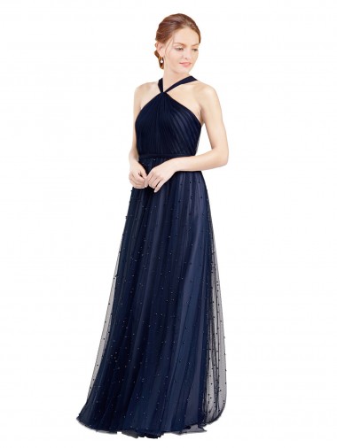 Long Navy Blue Sleeveless A-Line Bridesmaid Dress / Evening Dress Leeds