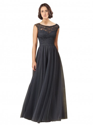 Long Slate Grey Cap Sleeves A-Line Bridesmaid Dress Leeds