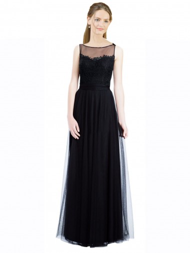 Long Black Sleeveless A-Line Low Back Tulle & Lace Bridesmaid Dress Leeds