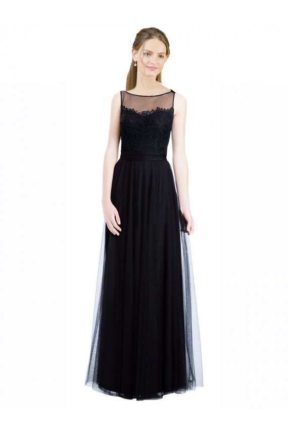 Long Black Sleeveless A-Line Low Back Tulle & Lace Bridesmaid Dress Leeds