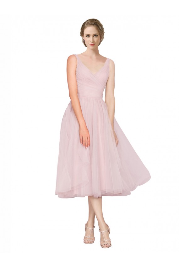 Tea Length Pink Sleeveless A-Line V-Back Bridesmaid Dress Leeds
