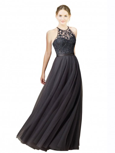 Long Slate Grey Sleeveless A-Line Open Back Bridesmaid Dress Leeds