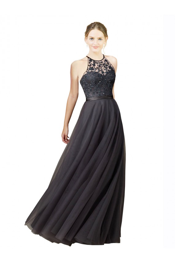 Long Slate Grey Sleeveless A-Line Open Back Bridesmaid Dress Leeds