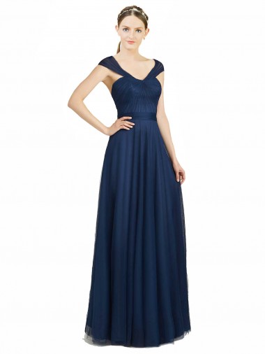 Long Dark Navy Sleeveless A-Line Low Back Tulle Bridesmaid Dress Leeds