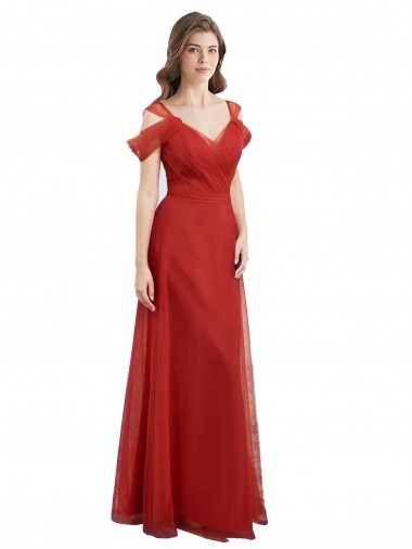 Long Red Cold Shoulder A-Line V-Back Formal Dress / Bridesmaid Dress Leeds