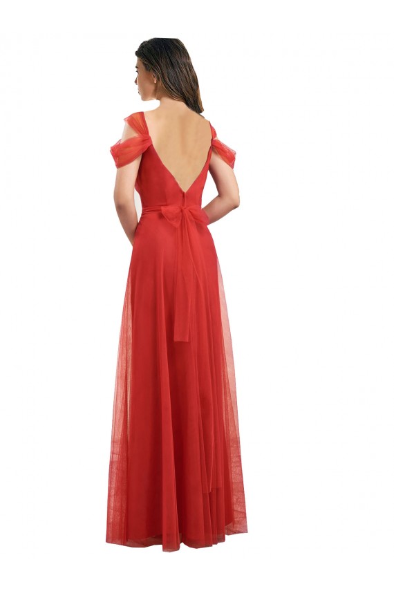 Long Red Cold Shoulder A-Line V-Back Formal Dress / Bridesmaid Dress Leeds